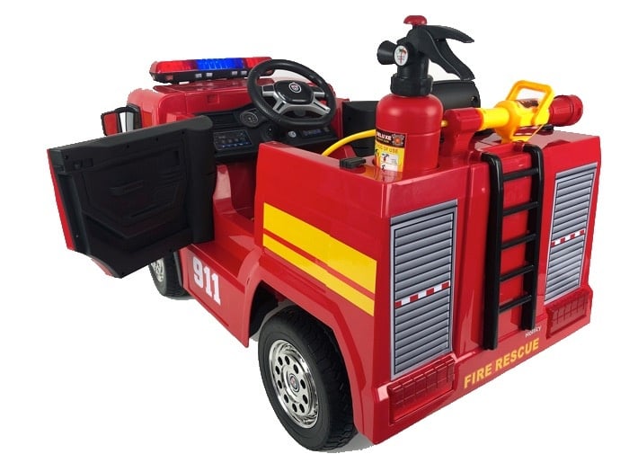 Fire Truck 12V Kids Electric Car - With Water Spray Gun, Flashing Lights & Helmet (Red)