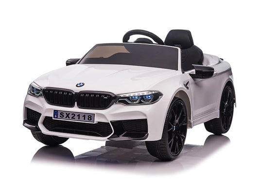 Licensed BMW M5 12V Kids Electric Car - Premium Sedan with Pull Handle (White)